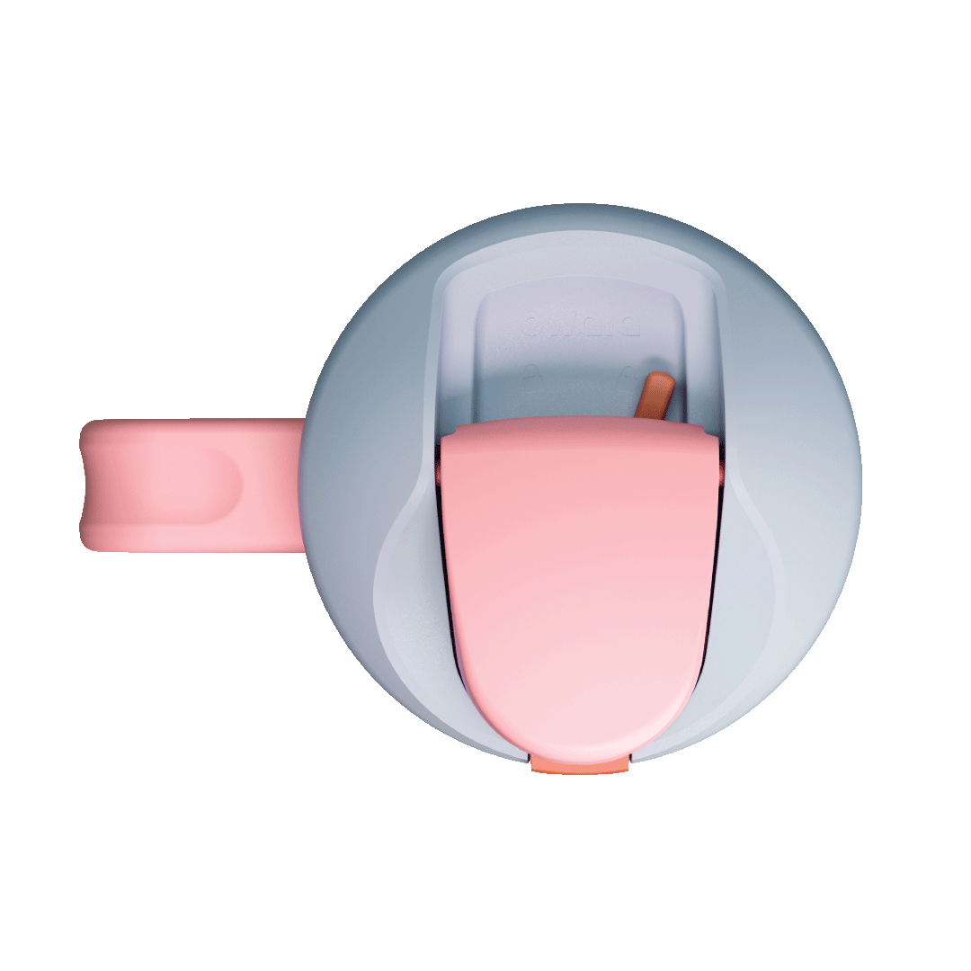 Top-down rotating view of Owala FreeSip Tumbler lid with light blue lid, pink flip cap, pink carry loop, and orange accent